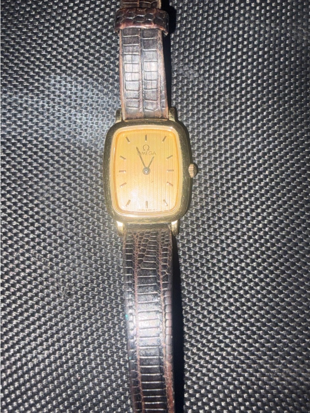 Omega Gold Tone Rectangular Watch with Brown Leather Strap